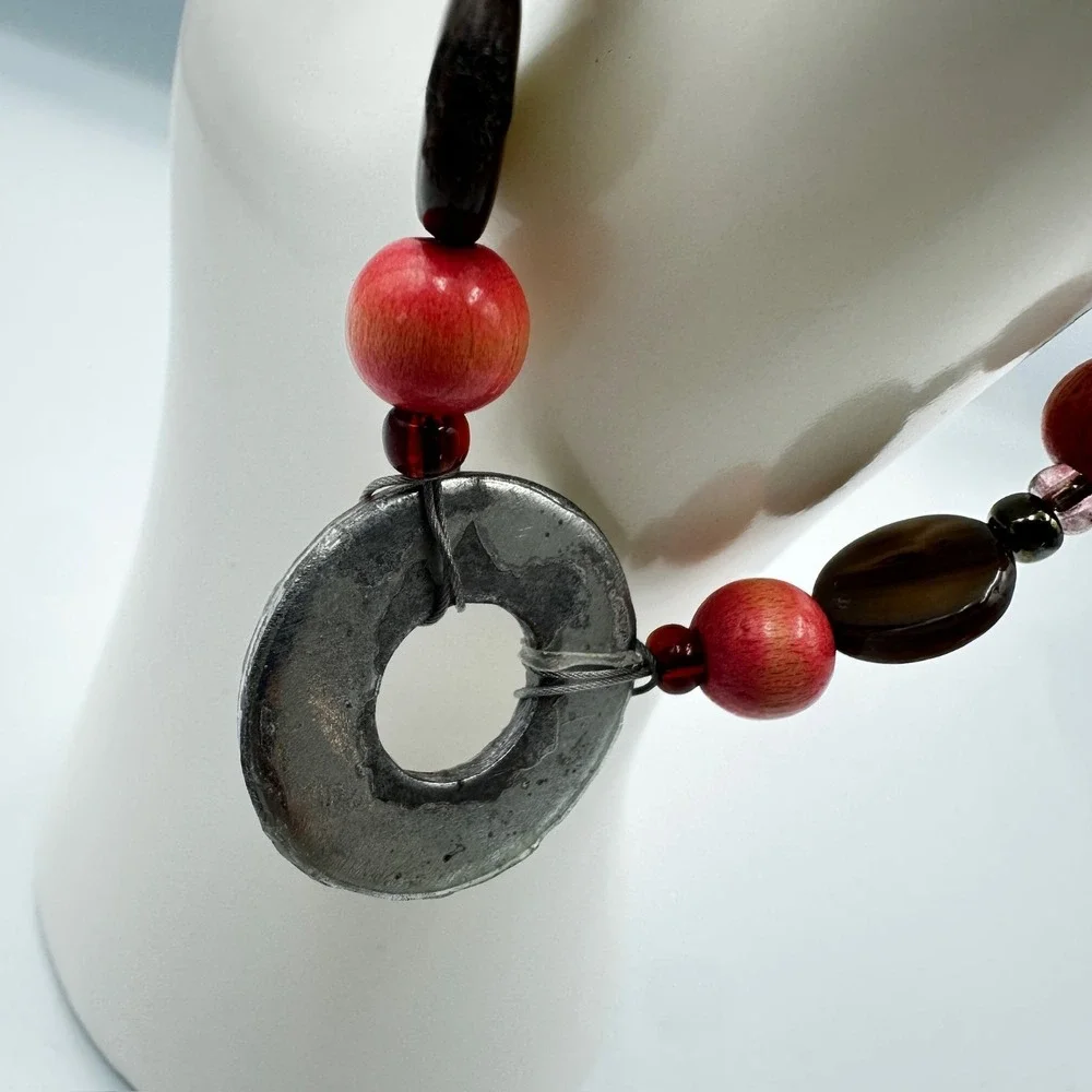 Vintage Boho Beaded Stretch Bracelet Red Wood Mother Of Pearl Shell Ring‎ Charm